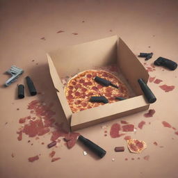 An illustration of a floor strewn with an empty pizza box, discarded wine bottles, and a pistol, created in the Visual Novel illustration style.