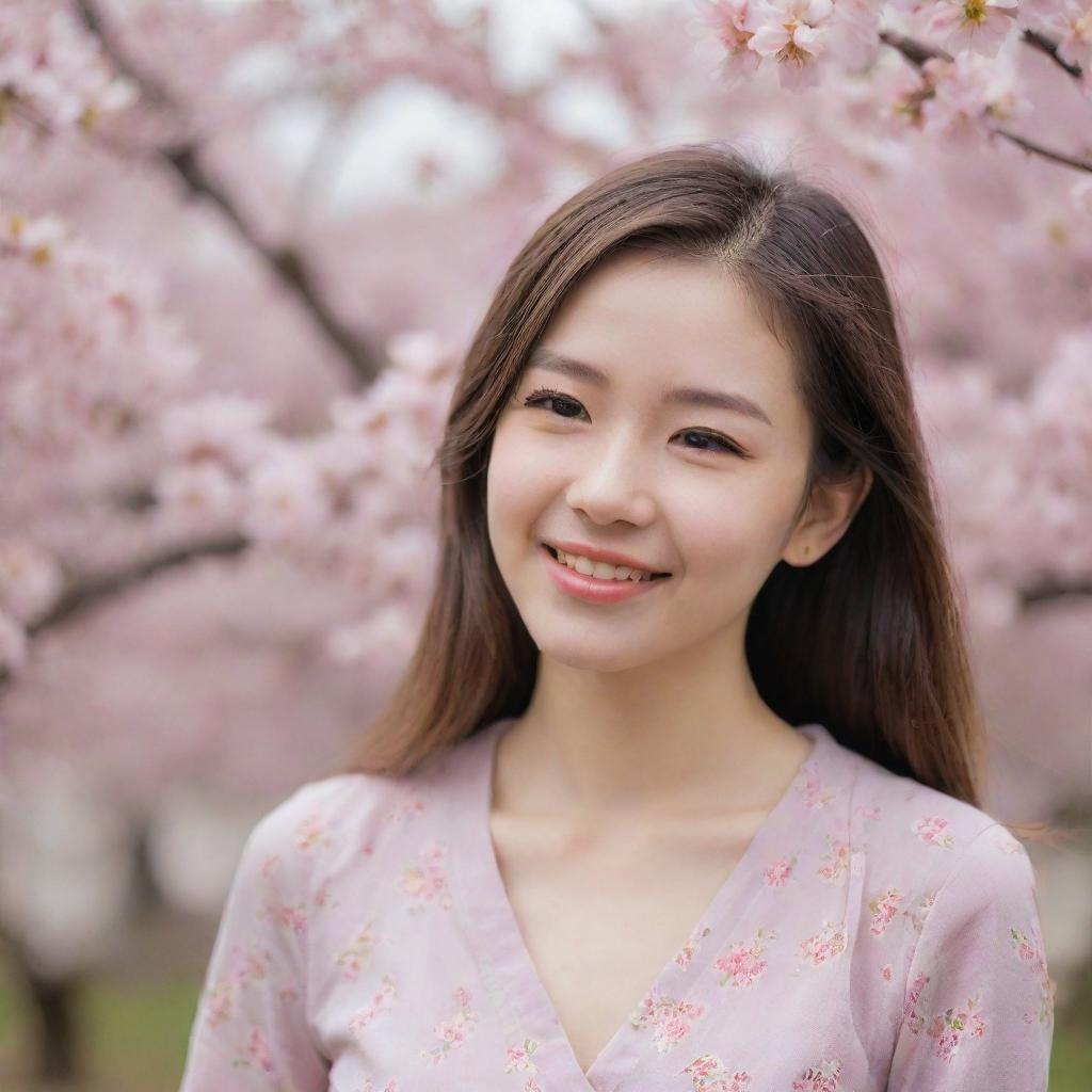 Depict a cheerful, attractive girl subtly blushing, exuding shyness among fluttering cherry blossoms.