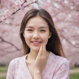 Depict a cheerful, attractive girl subtly blushing, exuding shyness among fluttering cherry blossoms.