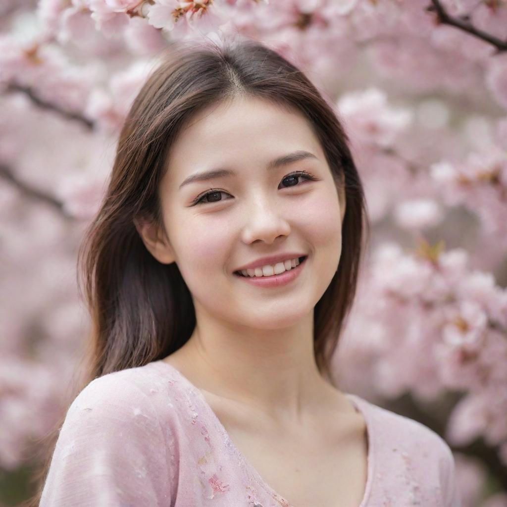 Depict a cheerful, attractive girl subtly blushing, exuding shyness among fluttering cherry blossoms.