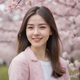 Depict a cheerful, attractive girl subtly blushing, exuding shyness among fluttering cherry blossoms.