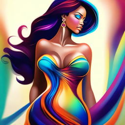 A digital art piece portraying a stylized, confident woman with a slim figure and pronounced curves