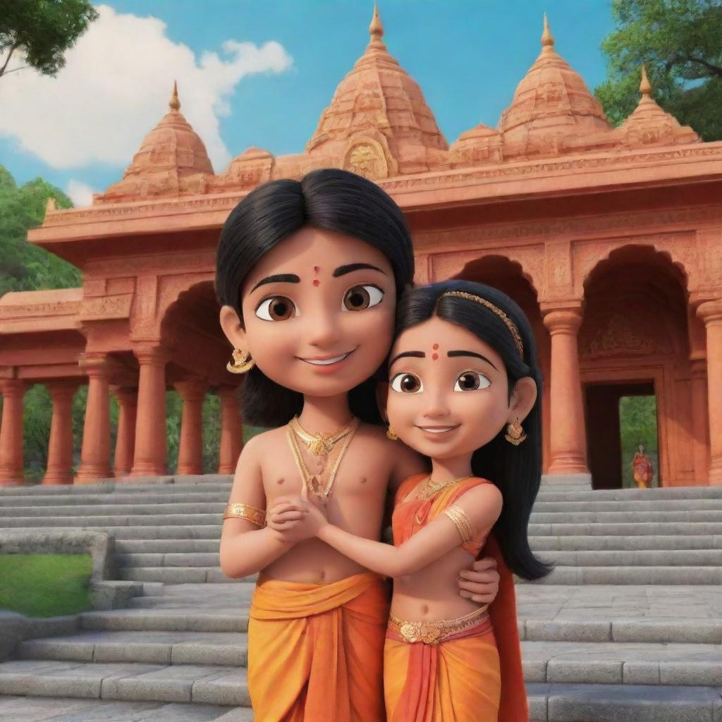 Generate a 3D cartoon image of young Shiv and Parvati, depicted adorably with a temple background