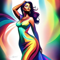 A digital art piece portraying a stylized, confident woman with a slim figure and pronounced curves