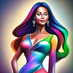 A digital art piece portraying a stylized, confident woman with a slim figure and pronounced curves