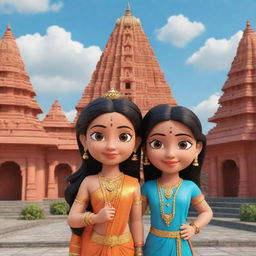 Generate a 3D cartoon image of young Shiv and Parvati, depicted adorably with a temple background