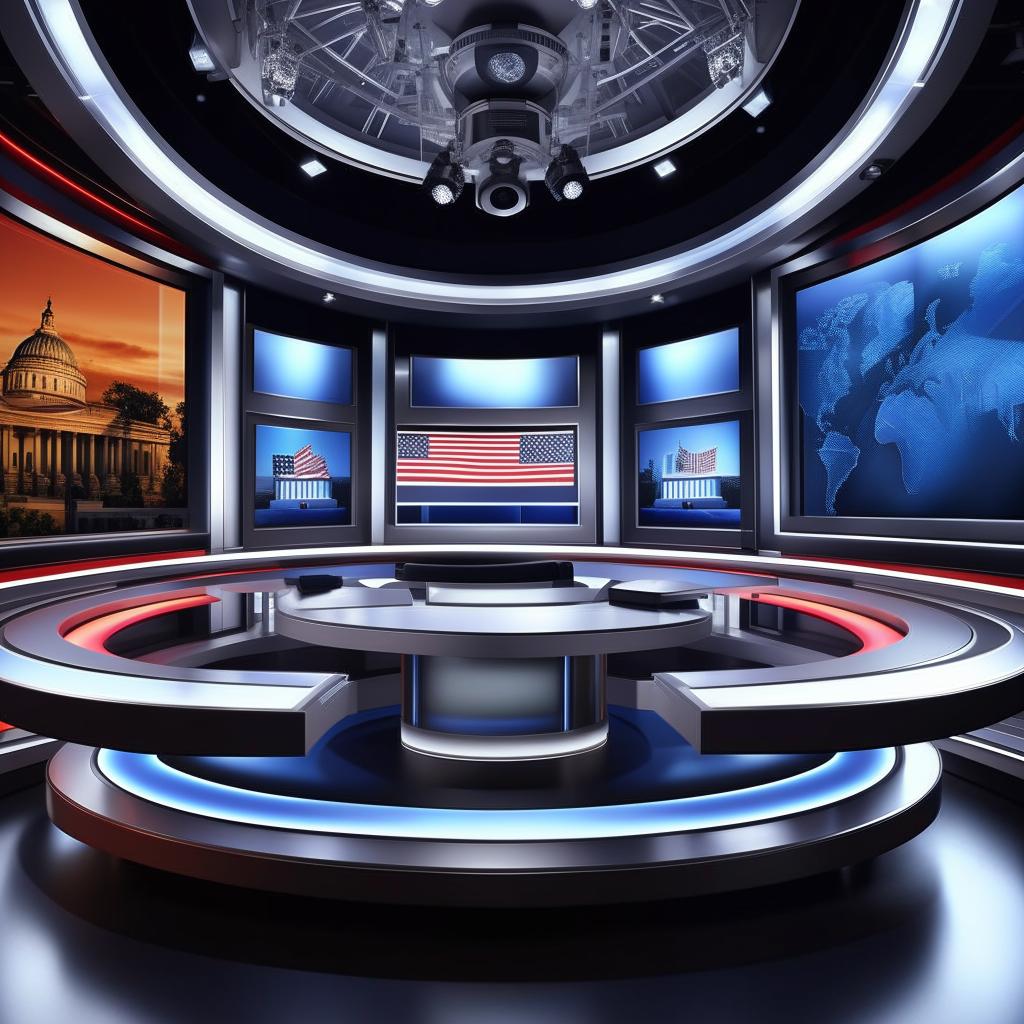 Sophisticated TV show set for a political program with a sleek, professional layout and state-of-the-art visual elements.