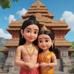 Generate a 3D cartoon image of young Shiv and Parvati, depicted adorably with a temple background