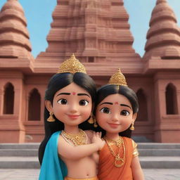 Generate a 3D cartoon image of young Shiv and Parvati, depicted adorably with a temple background