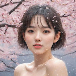 Illustrate a beautiful girl subtly blushing and emanating shyness amid a shower of cherry blossoms.