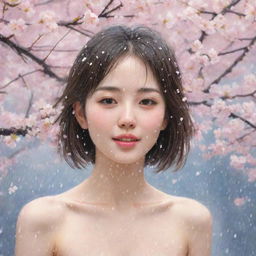 Illustrate a beautiful girl subtly blushing and emanating shyness amid a shower of cherry blossoms.