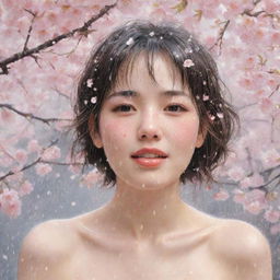 Illustrate a beautiful girl subtly blushing and emanating shyness amid a shower of cherry blossoms.