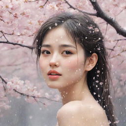 Illustrate a beautiful girl subtly blushing and emanating shyness amid a shower of cherry blossoms.