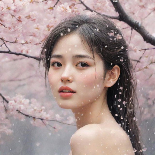 Illustrate a beautiful girl subtly blushing and emanating shyness amid a shower of cherry blossoms.