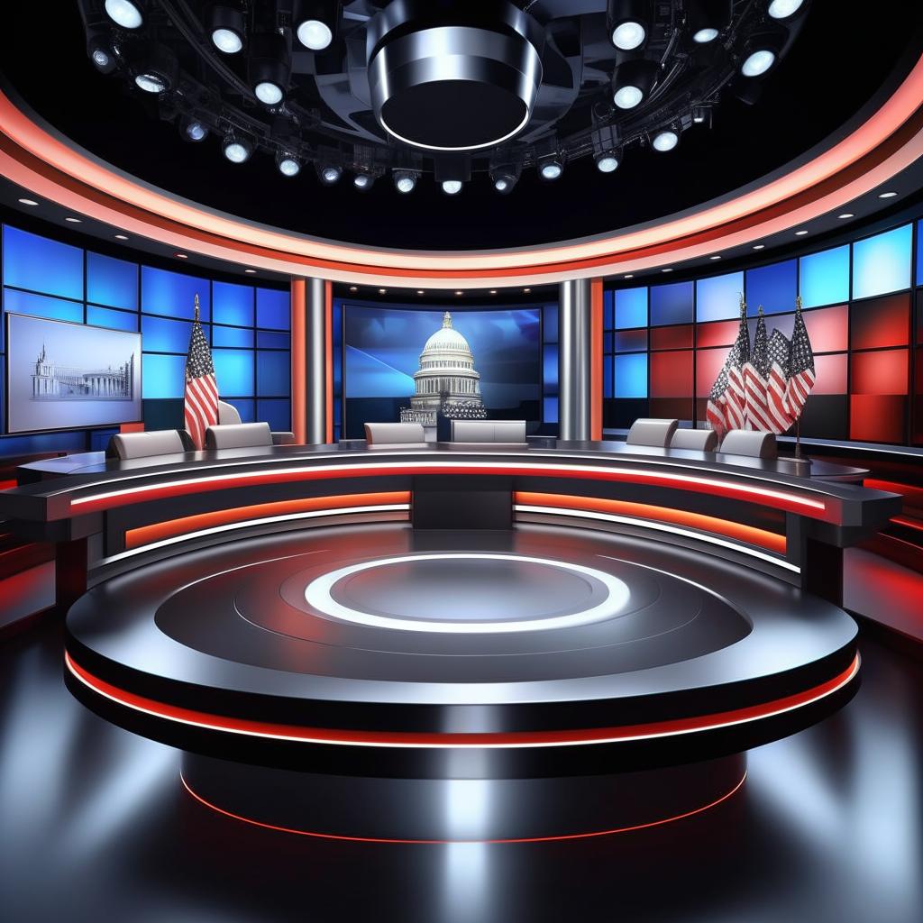 Sophisticated TV show set for a political program with a sleek, professional layout and state-of-the-art visual elements.