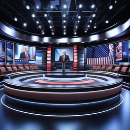 Sophisticated TV show set for a political program with a sleek, professional layout and state-of-the-art visual elements.