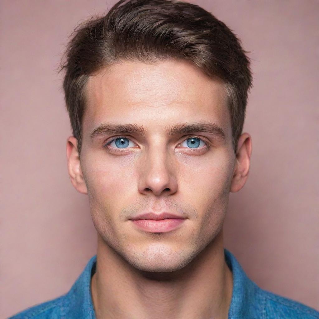 Create a portrait of a handsome guy with vibrant colored eyes and a subtle blush on his cheeks.