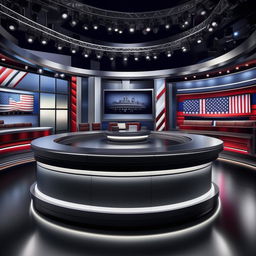 Sophisticated TV show set for a political program with a sleek, professional layout and state-of-the-art visual elements.