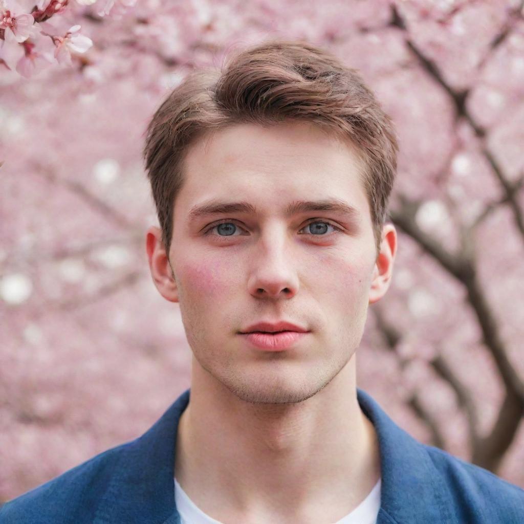 Depict a shy, handsome guy with vibrant colored eyes and a subtle blush on his cheeks, surrounded by cherry blossoms