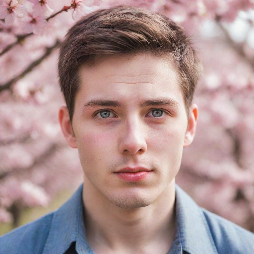 Depict a shy, handsome guy with vibrant colored eyes and a subtle blush on his cheeks, surrounded by cherry blossoms