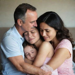 A heartwarming image of a father and mother gently embracing their daughter, offering comfort as she deals with the discomfort of menstruation.