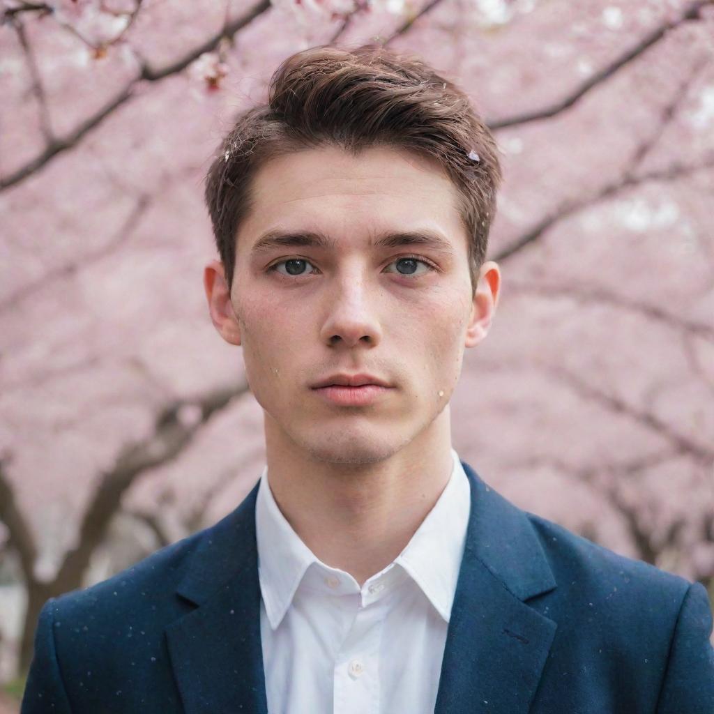 Portray a young, cute man with colored eyes blushingly standing amidst a flurry of cherry blossoms