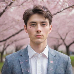 Portray a young, cute man with colored eyes blushingly standing amidst a flurry of cherry blossoms