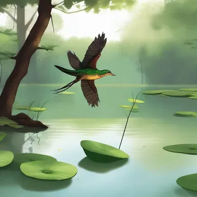 In the novel, the protagonist spots a wood drake gliding on the surface of the tranquil pond, symbolizing his pursuit of freedom and inner peace.