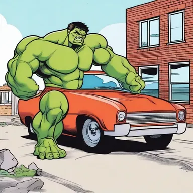 In the comic strip, the hulking superhero effortlessly schlep a car with one hand.