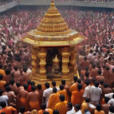 Devotees of the temple gathered to schlep a massive chariot during the religious festival.