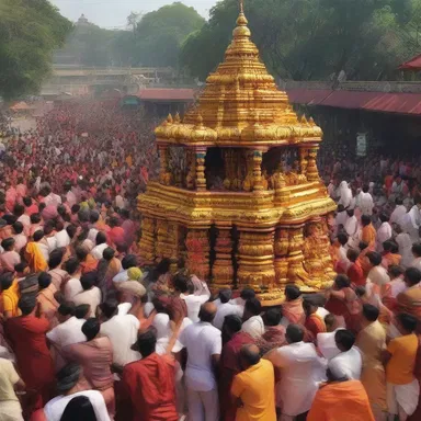 Devotees of the temple gathered to schlep a massive chariot during the religious festival.