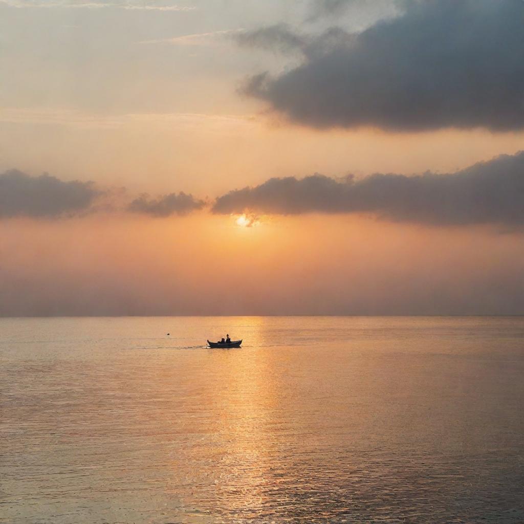 A lone man sitting silently in a small boat, drifting amidst the vast, tranquil ocean under a sky painted with shades of the setting sun.