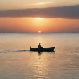 A lone man sitting silently in a small boat, drifting amidst the vast, tranquil ocean under a sky painted with shades of the setting sun.