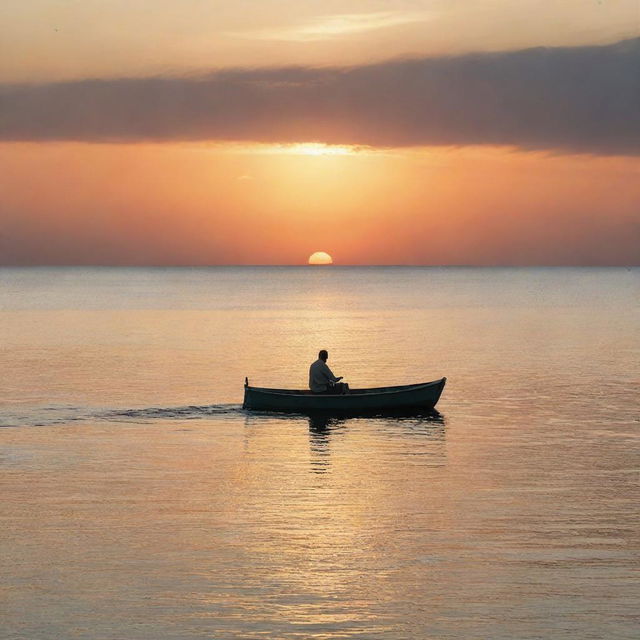 A lone man sitting silently in a small boat, drifting amidst the vast, tranquil ocean under a sky painted with shades of the setting sun.