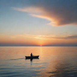 A lone man sitting silently in a small boat, drifting amidst the vast, tranquil ocean under a sky painted with shades of the setting sun.