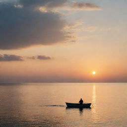 A lone man sitting silently in a small boat, drifting amidst the vast, tranquil ocean under a sky painted with shades of the setting sun.