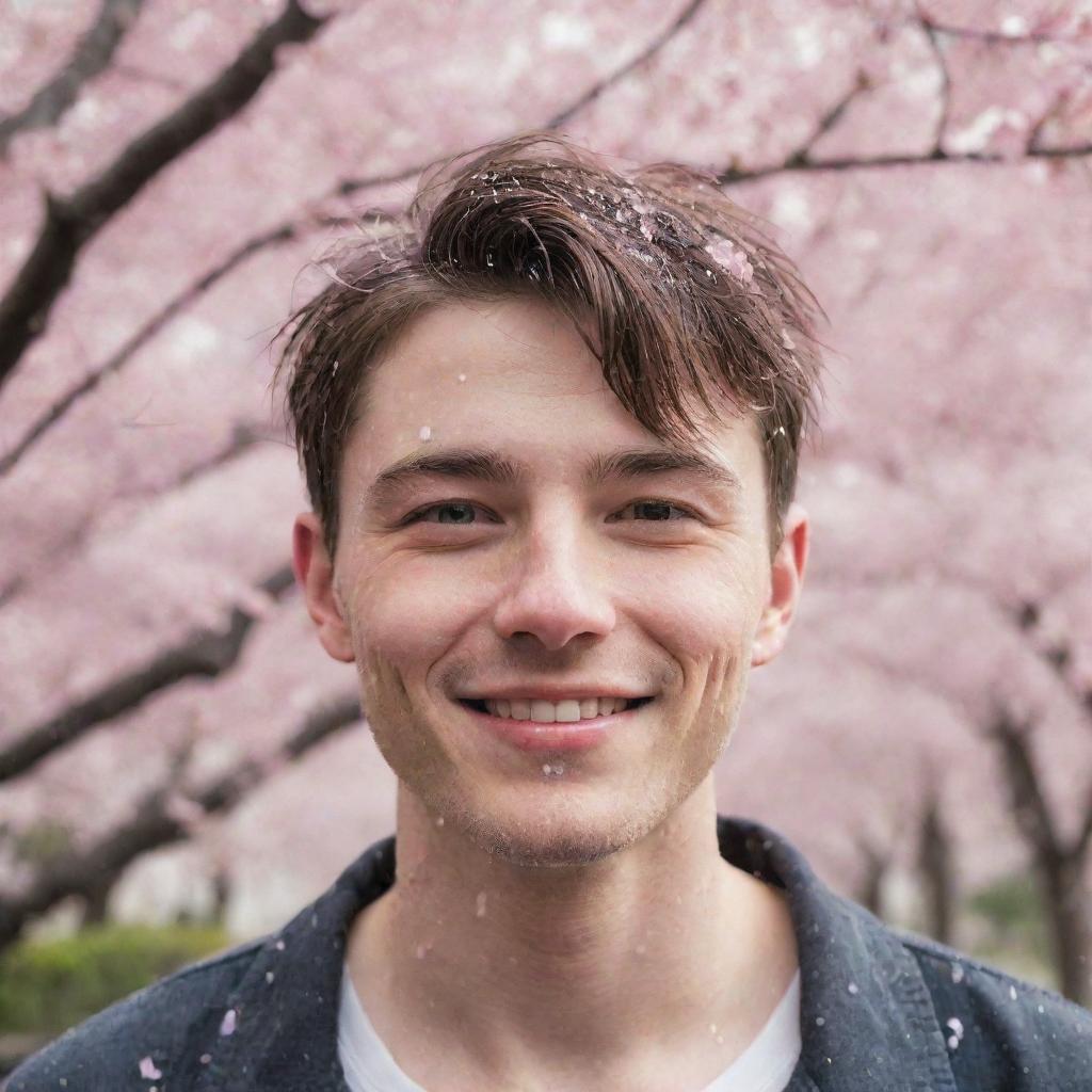 Illustrate a young, cute guy with colored eyes smirking amid a shower of cherry blossoms