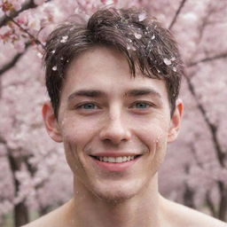 Illustrate a young, cute guy with colored eyes smirking amid a shower of cherry blossoms