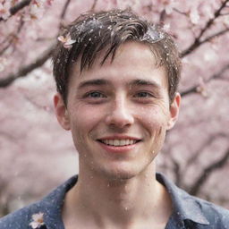 Illustrate a young, cute guy with colored eyes smirking amid a shower of cherry blossoms