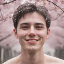 Illustrate a young, cute guy with colored eyes smirking amid a shower of cherry blossoms