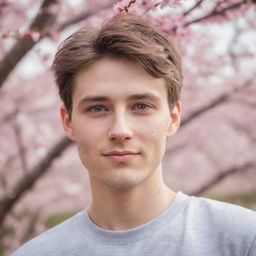 Portray a young, cute guy with colored eyes subtly smirking in a tranquil cherry blossom scene