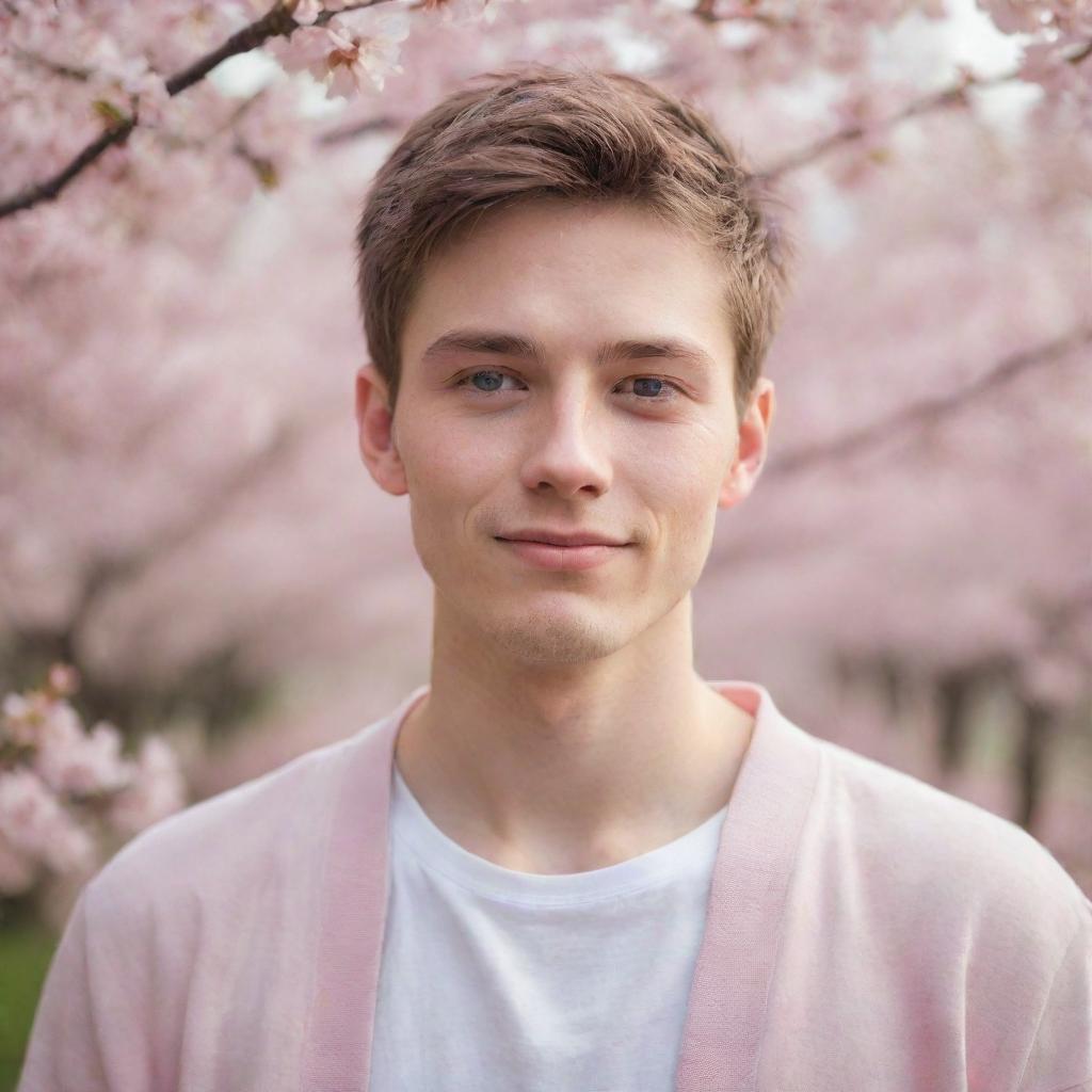 Portray a young, cute guy with colored eyes subtly smirking in a tranquil cherry blossom scene