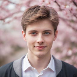 Portray a young, cute guy with colored eyes subtly smirking in a tranquil cherry blossom scene