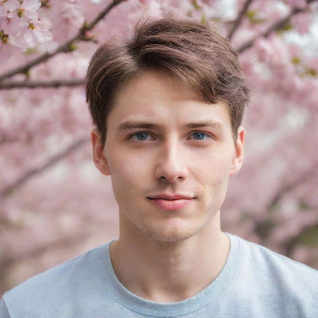 Picture a young, cute guy with colored eyes subtly smirking among cherry blossoms, his gaze diverted away from the camera