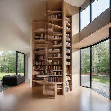 The modern house design features a unique silo structure that serves as a storage space for the homeowner's extensive book collection.