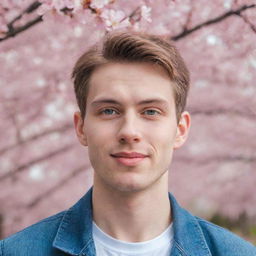 Picture a young, cute guy with colored eyes subtly smirking among cherry blossoms, his gaze diverted away from the camera