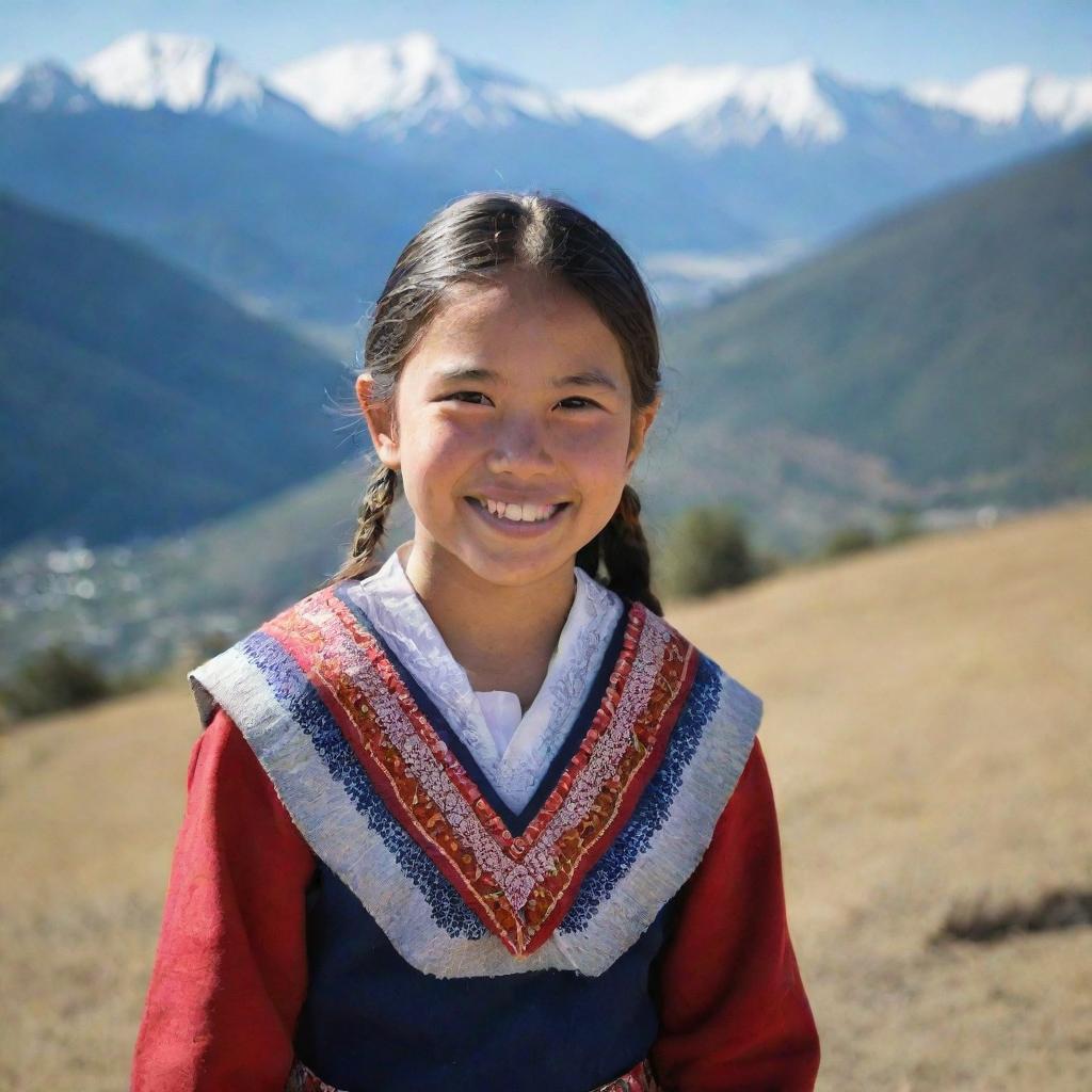 A young Ute girl in traditional attire, smiling against a backdrop of a scenic mountain range.