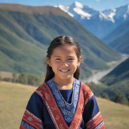 A young Ute girl in traditional attire, smiling against a backdrop of a scenic mountain range.