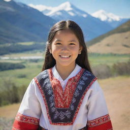 A young Ute girl in traditional attire, smiling against a backdrop of a scenic mountain range.