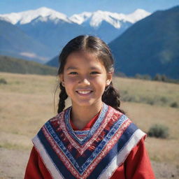 A young Ute girl in traditional attire, smiling against a backdrop of a scenic mountain range.